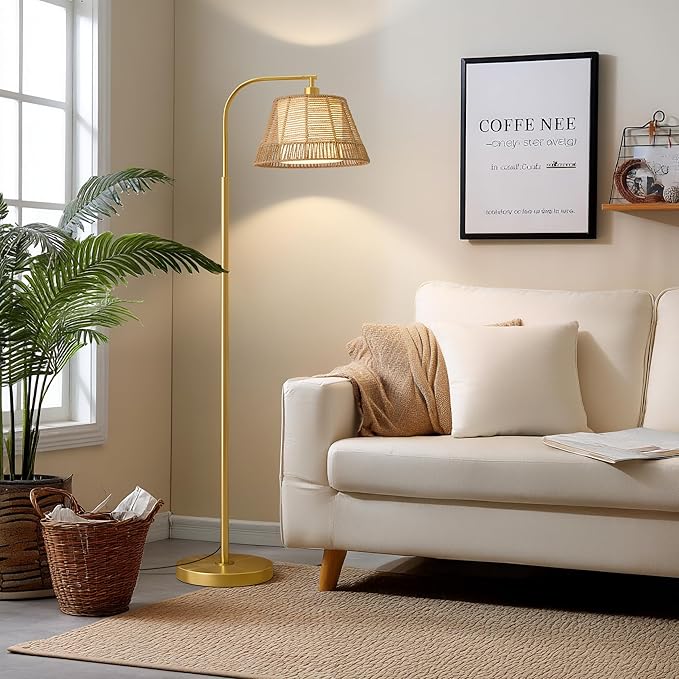 Oneach Arc Floor Lamp for Living Room,Rattan Boho Floor Lamp with Hand-Woven Wicker & Fabric Shade, Foot Switch,Gold Metal Base & Pole,Farmhouse Standing Lamp for Bedroom Corner,Office,Reading