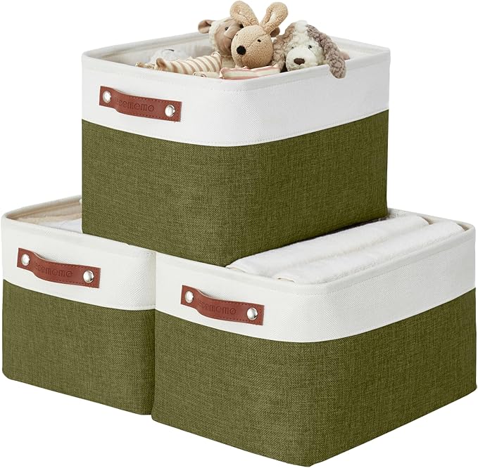 DECOMOMO Storage Bins Fabric Storage Baskets for Shelves, Linen Closet Organization Toys Nursery (Olive Green and White, Large - 3 Pack)