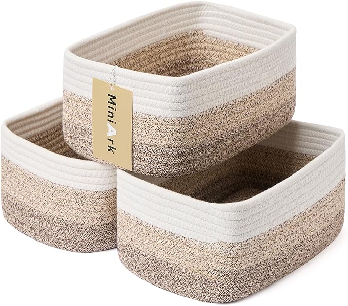 Small Storage Baskets for Organizing | Closet Organizer Bins | Shelf Toy Basket | Woven Rope Baskets | Cube Decorative Box | Shallow Basket |11.5x7.5x4.7”| 3 Packs Gradient Brown