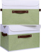 ANMINY 4PCS Storage Boxes with Lid Washable Decorative Storage Bins Basket with PU Leather Handle Foldable Linen Fabric Storage Cubes Containers for Home Closet Organizer - Green White, Large Size