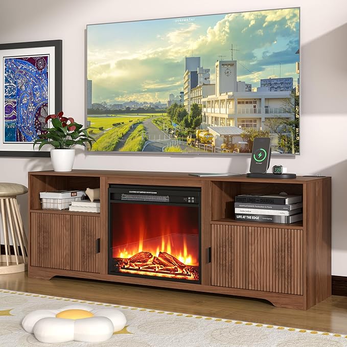 Fireplace TV Stand for Television up to 80 Inch,Entertainment Center with Adjustable Shelf,Mid-Century Modern Fluted TV Stand with 23" Electric Fireplace,Media Console for Living Room,Bedroom