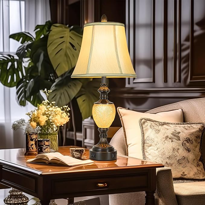 27'' High Vintage Table Lamp Set of 2 for Living Room Farmhouse Bedside Lamp with Fabric Shades Boho Nightstand Lamp with USB and Nightlight for Bedroom Home Office Hotel Bar (Bulb Included)