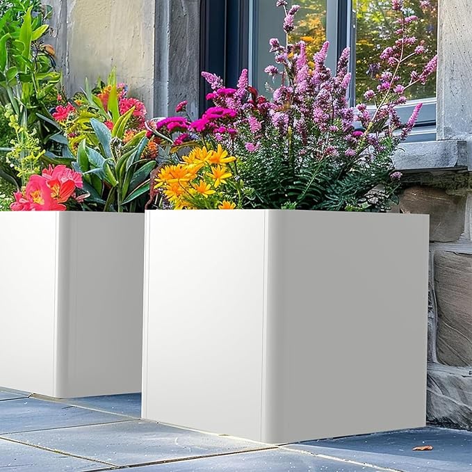 White Steel Square Planter 24" L x 24" W x 25" H,Cube Heavy Duty Flower Pot for Outdoor Plants with Drainage Holes,Metal Planter Box for Indoor and Outdoor All-Weather Use