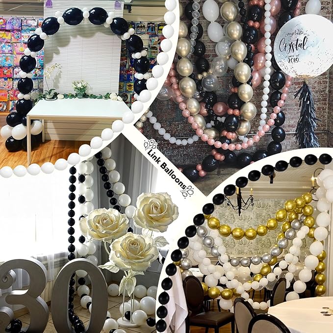 Black and White Quick Link Balloons, 100PCS Latex Linking Balloons for Making Balloon Wall Balloon Arch Balloon Chains and Wedding Birthday Baby Shower Engagement Graduation Party Decorations (6inch)