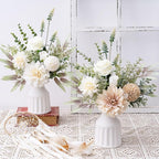 Fake Flowers in Vase, Artificial Flowers with Vase, 15.7'' Floral Arrangements for Dining Table Centerpiece Decor, Silk Roses & Faux Dahlia Bouquet for Farmfouse Kitchen Coffee Table Decor (White)