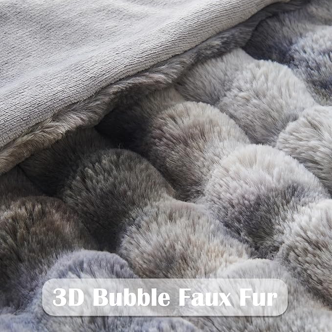 NEWCOSPLAY Faux Fur Twin Blanket Tie-dye Grey Luxury Fluffy Thick Warm Bubble Blanket for Couch Sofa Bed 700GSM (Tie-dye Grey, Twin(60"x80"))