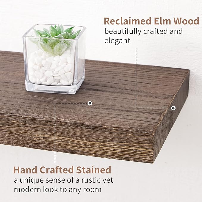 Axeman Floating Shelves for Wall, 24''W x 8'' D Rustic Solid Elm Wood Shelves for Storage, Wall Mounted Display Shelving with Invisible Heavy-Duty Metal Bracket (Walnut, 2PCs)