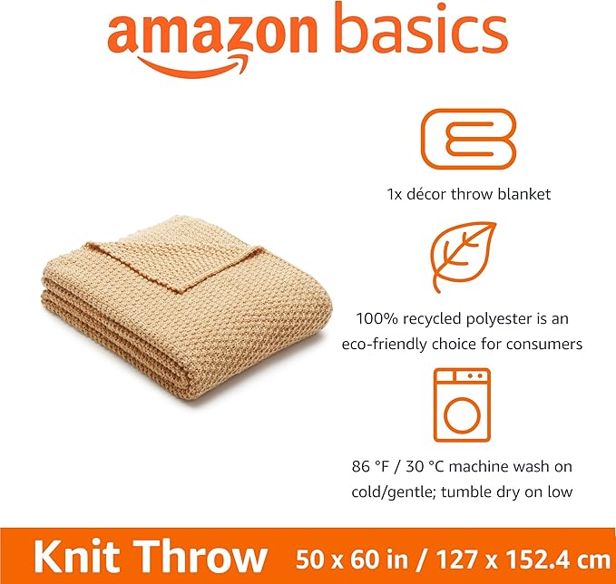 Amazon Basics Chunky Cable Knit Throw Blanket for Couch, Sofa, Bed, Lightweight Soft Cozy, Sand, 50"x 60"