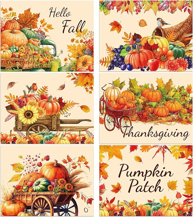 Thanksgiving Placemats Set of 6 Fall Plastic Table Mats Thanksgiving Day Place Mat Autumn Harvest Place Mats Washable Rustic Pumpkins Table Decoration for Indoor Outdoor Party Kitchen Dining
