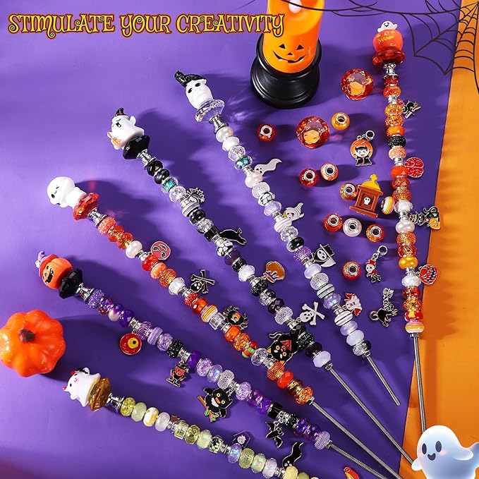 358PCS Halloween Beaded Garden Stakes, DIY Halloween Fairy Wand Garden Stake Decorative Kit with 12 in or 10 in Threaded Rod, Crystal Top, Large Holes Bead, Pendant for Outdoor or Indoor Decoration