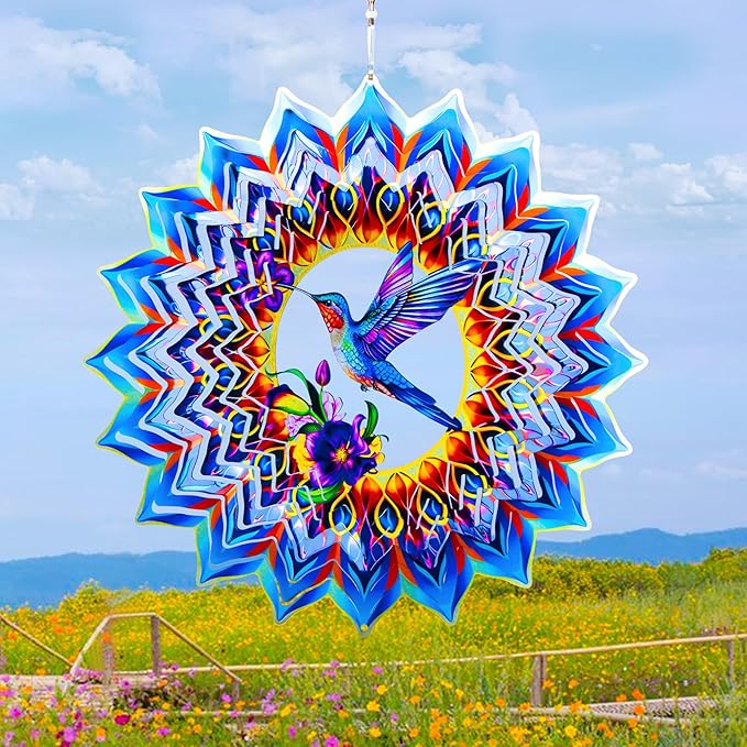Hummingbird Wind Spinner,Hanging Wind Spinners Outdoor for Garden Decoration，15.7 inch 3D Stainless Steel Wind Sculpture for Indoor/Outdoor Decor