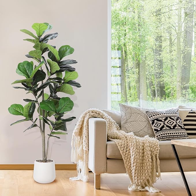 Artificial Fiddle Leaf Tree, 5ft Faux Plant Fake Ficus Lyrata Silk Trees with White Planter, Artificial Fig Trees Floor Plants for House Office Living Room Indoor Home Decor, Housewarming Gift