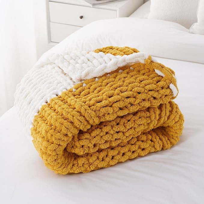 Battilo Chunky Knit Throw Blanket, Soft and Thick Chenille Throw Blanket, 50"x60" Handmade Cable Knit Crochet Blanket, Large Rope Knot Throw Blankets for Couch Sofa Bed Home Decor, Yellow & White