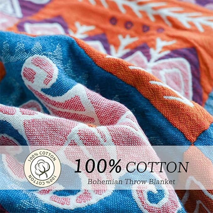 Cotton Throw Boho Blanket for Couch Bed,Cotton Quilted Boho 80''x90'' Muslin Blankets Travel Mexican Super Soft Blanket