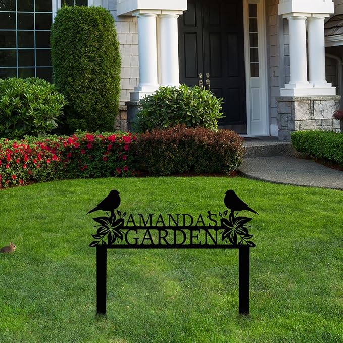 Personalized Metal Garden Name Sign with Flowers and Birds, Custom Yard Sign with Stake
