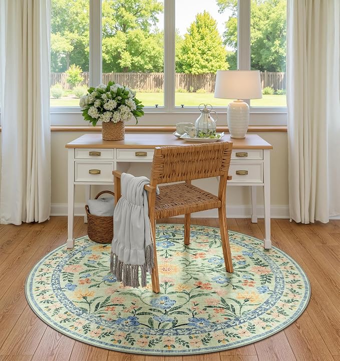 Wonnitar Washable Round Area Rug, 5ft Green Floral Round Rug Boho Soft Circle Carpet, Non Slip Low Pile Circle Accent Carpets for Kitchen Living Room Entryway Bedroom