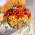 Artificial Fake Hanging Mums Flowers Plants Baskets for Outdoor Outside Decoration, Faux Silk Orange Flower Chrysanthemum UV Resistant Realistic for Porch Patio Balcony Yard Decor