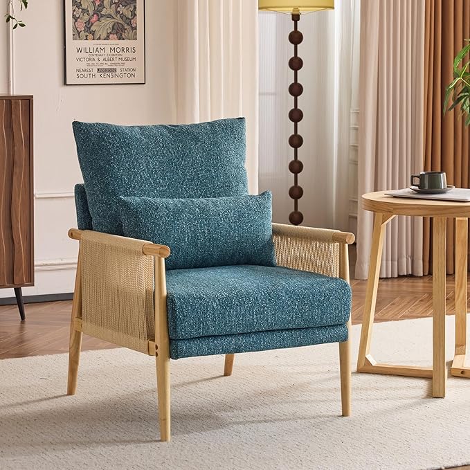 VINGLI Boho Braid Accent Armchair,Mid-Century Modern Chiar with Solid Wooden Armrest,Comfy Louge Cushion Chair with Waist Pillow for Bedroom,Living Room,Reading Room, Teal