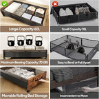Wooden Under Bed Storage with Wheels, Rolling Under the Bed Storage Bins with Removable Lid, Metal Under Bed Drawers for Clothes and Shoes in Bedroom or Living Room(Vintage Brown-2pack)