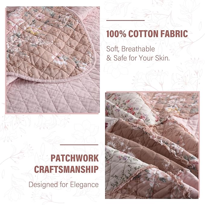 NEWLAKE Quilt Set Queen Size, Cotton Patchwork Pink Floral Quilt Sets, Real Stitched Embroidery Bedspread Lightweight and Breathable for All Seasons, Soft Quilted with 2 Pillow Shams