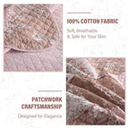 NEWLAKE Quilt Set Queen Size, Cotton Patchwork Pink Floral Quilt Sets, Real Stitched Embroidery Bedspread Lightweight and Breathable for All Seasons, Soft Quilted with 2 Pillow Shams