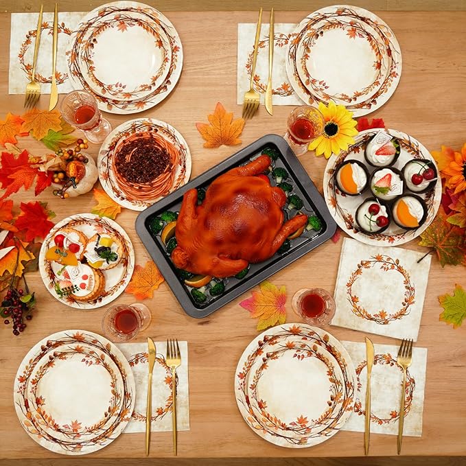 Homlouue 200 Pcs Fall Paper Plates and Napkins, Watercolor Disposable Dinnerware Set, Autumn Leaves Thanksgiving Party Supplies, Serve 50 Guests