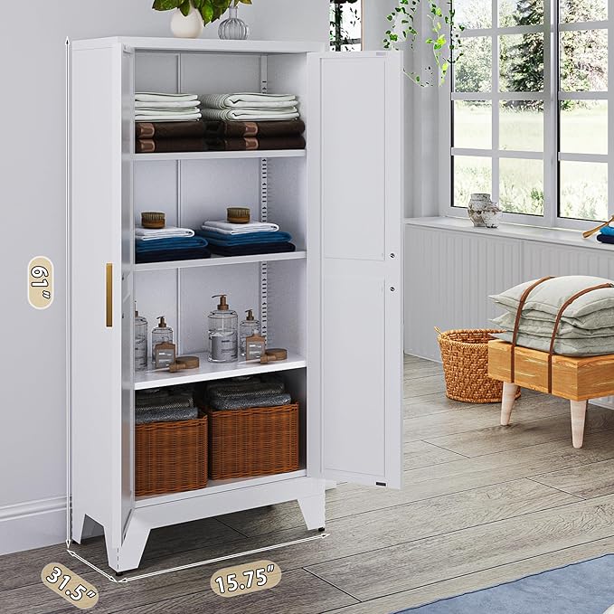 61" Tall Farmhouse Metal Pantry Cabinet, Kitchen Pantry Storage Cabinets with 2 Barn Door and Adjustable Shelves,Metal Pantry Storage Cabinet,for Kitchen,Laundry Room,Home Office,Kids Room (White)