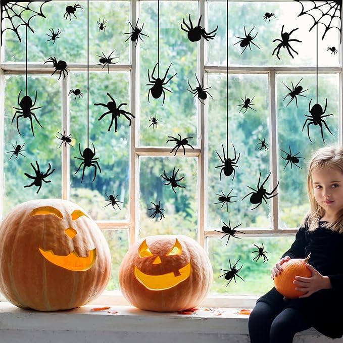 4 Sheets Spider Window Clings - Double-Sided Removable Glass Decals, Halloween Themed Window Stickers for Kids Party Decorations