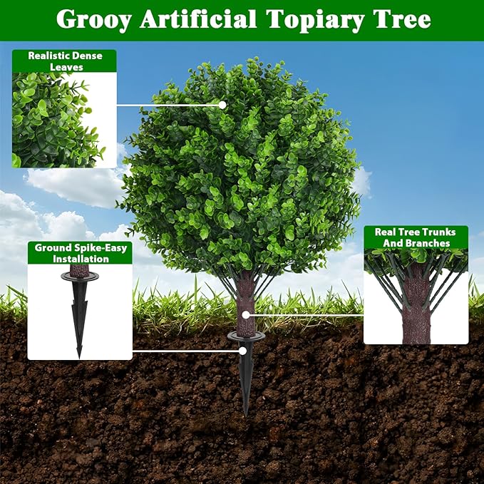 Artificial Topiary Tree with Eucalyptus, Set of 2 Artificial Shrub Bushes with Ground Spike, Fake Evergreen Tree for Porch, Artificial Plants for Outdoor Planters Indoor UV Resistant