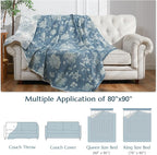jinchan Boho 100% Cotton Muslin Queen Size 80x90 Inches Blanket Lightweight 4-Layer Quilted Soft Blue and White Floral Throw Blanket Green Accents Reversible Comfy Flower Rustic Summer Couch Bedroom