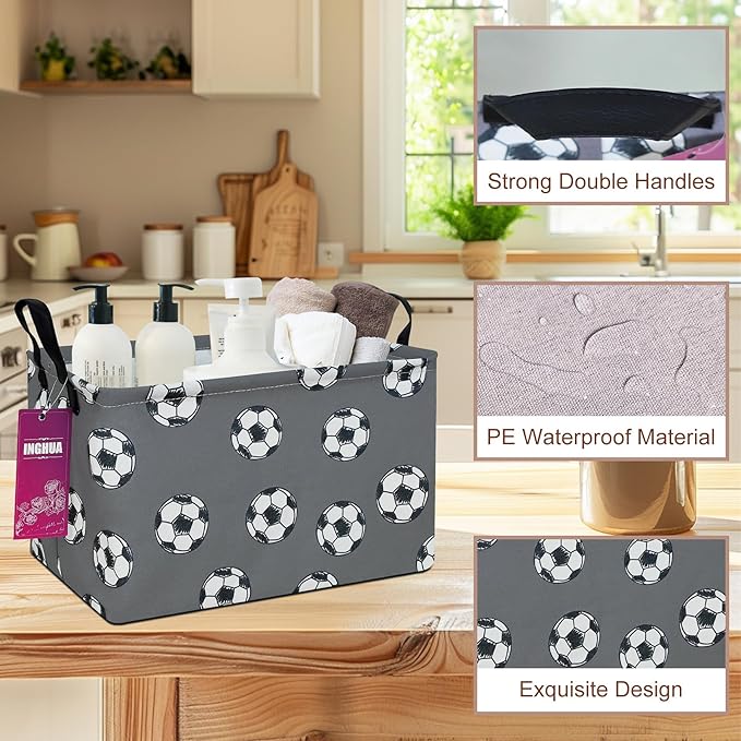 Rectangular Storage Basket Fabric Organizer Bin for Toys,Books,Clothes,Gifts,Pets-Perfect for Home,Office,Nursery,Dorm,Shelf(Rec-grey football )