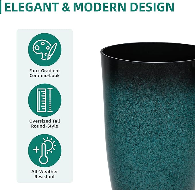23.6" H Large Tall Outdoor Planters, Set of 2 Plastic Large Flower Pots for Outdoor Plants, with Gradient Turquoise Finish, Weather-Resistant for Porch, Garden, Patio or Indoor Use
