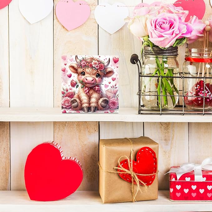 Valentines Day Decor Valentines Day Decorations Valentines Day Office Decor Valentines Day Table Decor Pink Valentines Day Decorations Highland Cow Gifts for Boyfriend Girlfriend, Wooden Decor Sign