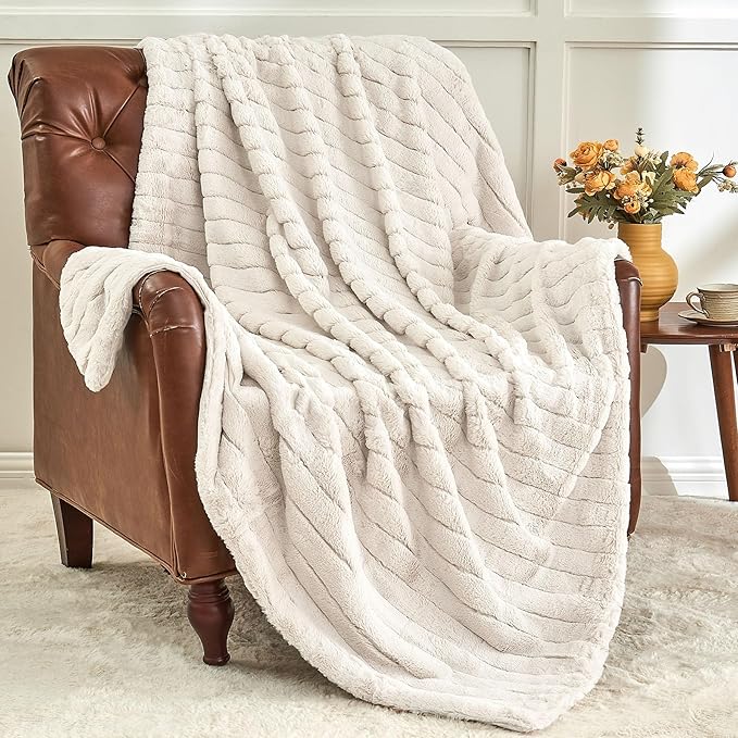 BEDELITE Faux Fur Throw Blanket for Couch, Soft and Cozy 3D Ribbed Fluffy Blanket, Thick Warm Plush Fuzzy Faux Rabbit Fur Blanket for Women Gift (Beige, 60"x 80")
