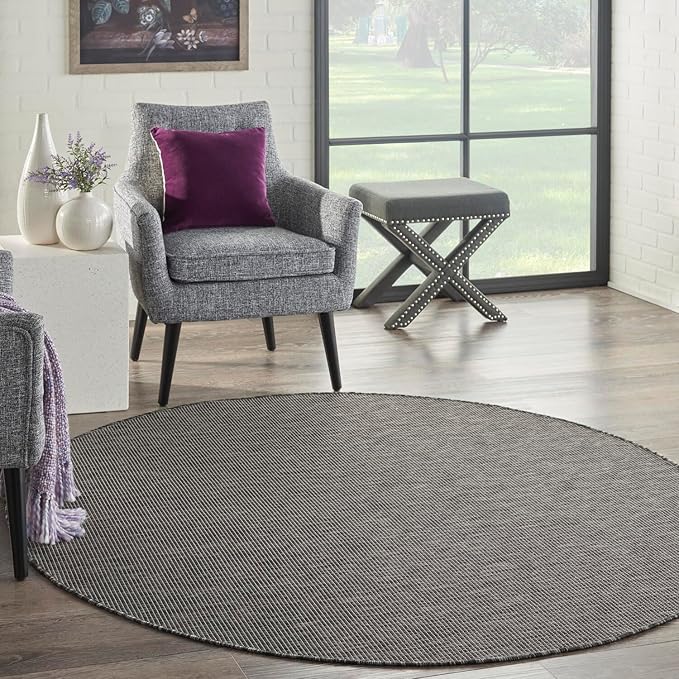 Nourison Positano Indoor/Outdoor Charcoal 6' x Round Area Rug, Easy Cleaning, Non Shedding, Bed Room, Living Room, Dining Room, Backyard, Deck, Patio (6 Round)