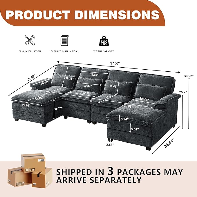 113" Oversized Cloud Couch, U Shape Sectional 4 Seat Sofa with Double Chaises, 2 Layer Cusions, Deep Seat Comfy Sofa, Upholstery Chenille Fabric for Living Room, Dark Grey