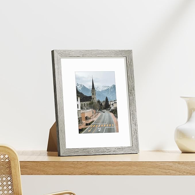 Vittanly 8x10 Picture Frames Set of 9, Shatter Resistant Plexiglass, Display 5x7 Pictures with Mat or 8x10 without Mat, Photo Frames for Wall or Tabletop, Engineered Wood, Grey