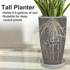 Tall Flower Pot Indoor - Outdoor Plant Pot - Gray Rough Planter - Elegant Stone Imitation - 12" Diameter 21" Tall with Drainage Holes and Saucer