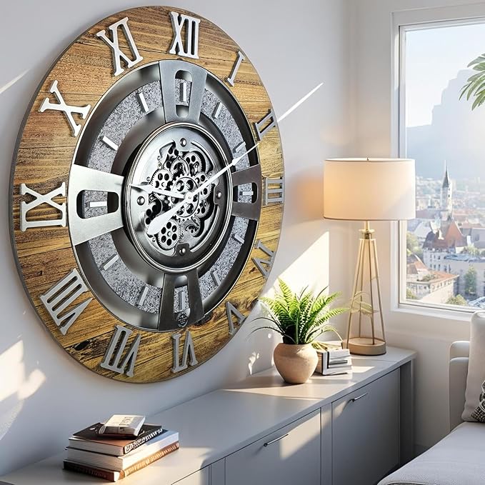 The Gears Clock Real Moving Gear Wall Clock England Line (Wood & Stone, 36 inches (90 cm))