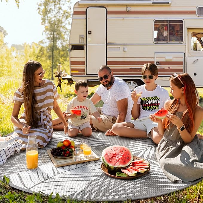 GENIMO Outdoor Rug 8' Round Waterproof for Patios Clearance, Reversible Outdoor Plastic Straw Camping Rug Carpet, Large Area Rugs Mats for RV, Camper, Deck, Balcony, Porch, Beach, Picnic, Grey&White