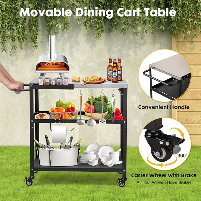 Outdoor Grill Cart Table,Indoor and Outdoor Pizza Oven Table,with 4 Movable Total Lock Casters, Hooks, Side Handle Multifunctional (Stainless Steel Table)