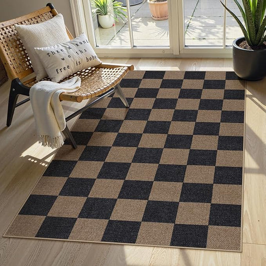 Lahome Checkered Easy Jute 3x5 Rug, Washable Rugs for Living Room Entryway Farmhouse Non Slip Black Outdoor Carpet, Checkerboard Indoor Door Mat for Entry Patio Deck