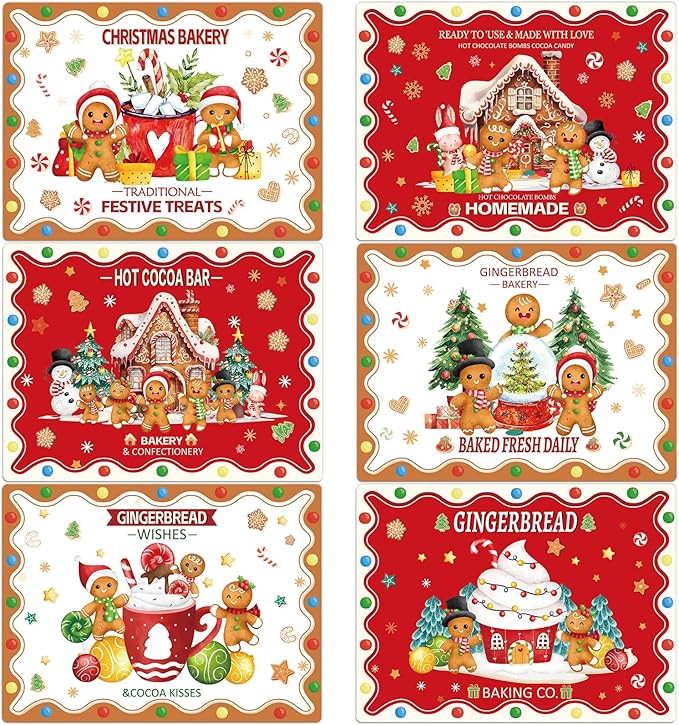 Christmas Placemats Set of 6 Christmas Retro Gingerbread Plastic Table Mats Xmas Bakery Gingerbread House Place Mats Winter Holiday Table Decoration for Indoor Outdoor Party Kitchen Dining
