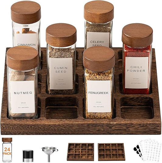 Yangbaga 24Pcs Glass Spice Jars with Labels-4oz Acacia Wood Lid Square Spice Containers and 2pcs Rack with Pepper Grinder Lids &Funnel,Seasoning Jars for Rack Cabinet Drawer