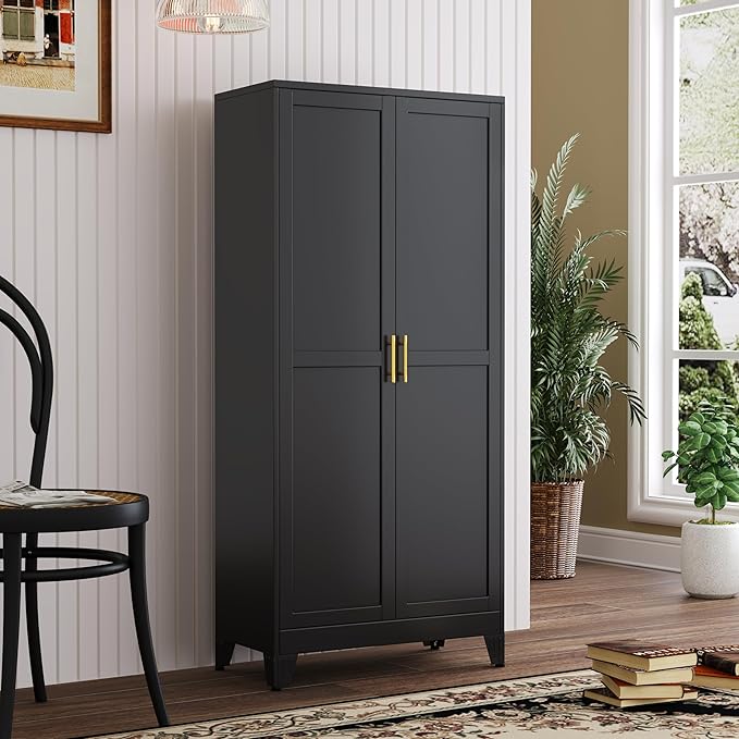 Metal Kitchen Pantry Storage Cabinet with 2 Doors and 3 Adjustable Shelves,Pantry Cabinet with Adjustable Leveling Foot for Kitchen, Living Room, Dining Room（Black）