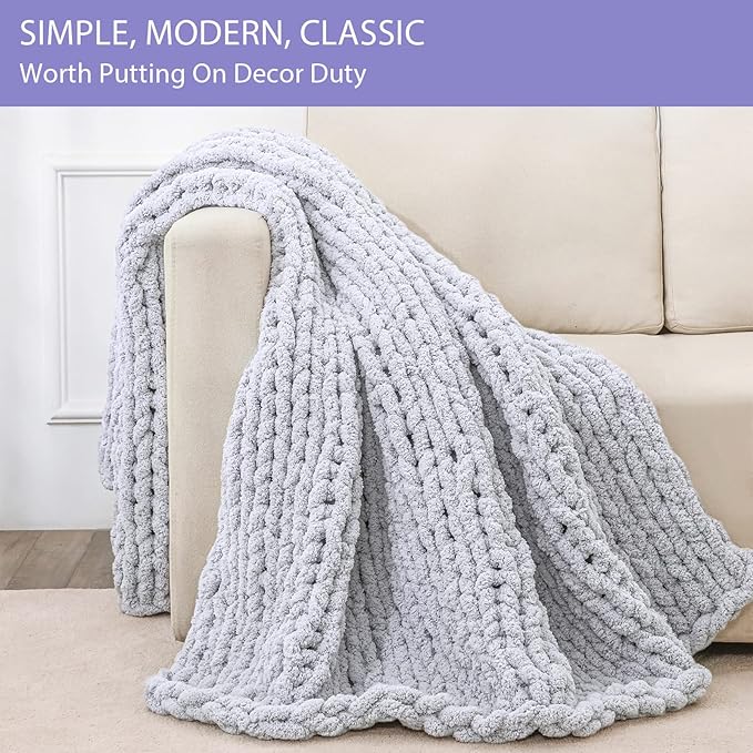 Bigacogo Chunky Knit Throw Blanket for Couch, 60x80 inches, 100% Hand Knitted with Thick Jumbo Chenille Yarn, Cozy Soft Large Rope Knot Cable Crochet Blankets for Sofa Bed Living Room, Light Grey