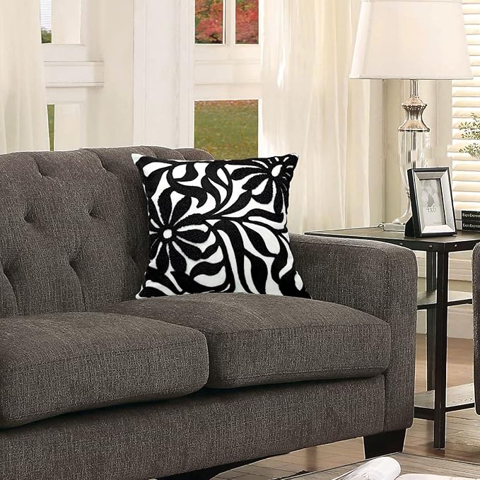 Alysheer Farmhouse Floral Leaves Embroidered Decorative Throw Pillow Cover 18x18 inches, Boho Tufted Flowers Embroidery Pattern Chic Cotton Cushion Case for Couch Bed Sofa Living Room(Black)