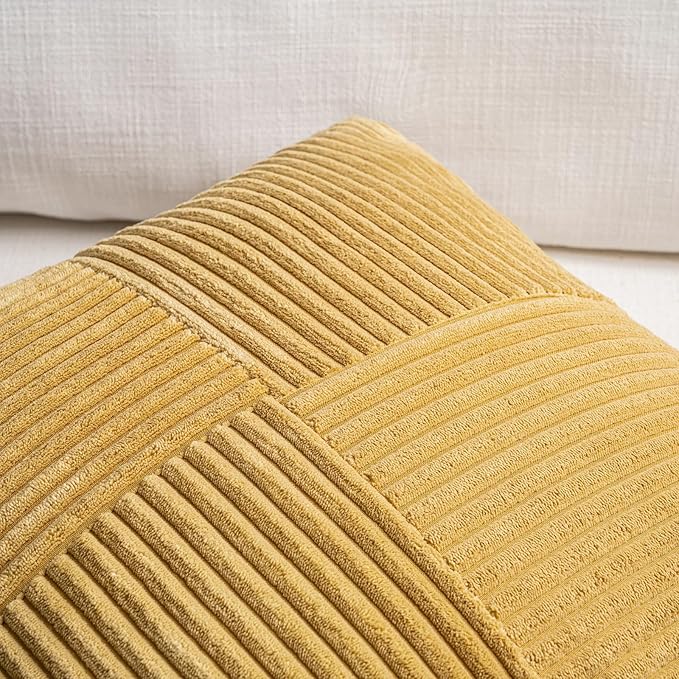 Fancy Homi 2 Packs Mustard Yellow Samll Decorative Throw Pillow Covers 12x12 Inch with for Couch Bed Sofa, Rustic Farmhouse Boho Home Decor, Soft Corss Patchwork Corduroy Square Cushion Case 30x30 cm