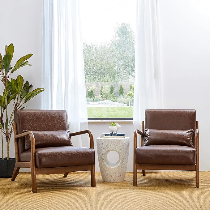 Glitzhome 30.75 "H Mid Century Coffee Accent Armchair, Single Reading Armchair PU Leather Lounge Chair with Walnut Ruberwood Frame
