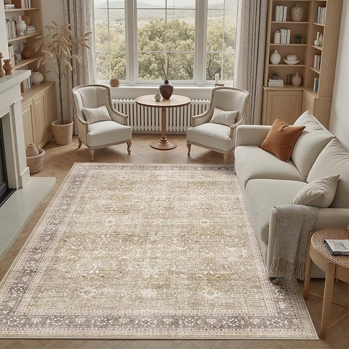 DCX Machine Washable Brown and Beige Area Rug 8x10, Non Slip Stain Resistant Vintage Rug for Living Room Diningroom Bedroom Nursery, Soft Low Pile Large Carpet